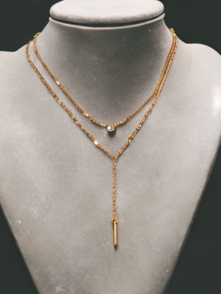 Layered Gold-Tone Y Necklace – Double Chain with Crystal & Drop Pendant