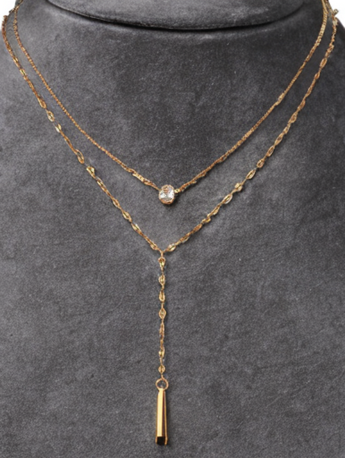 Layered Gold-Tone Y Necklace – Double Chain with Crystal & Drop Pendant