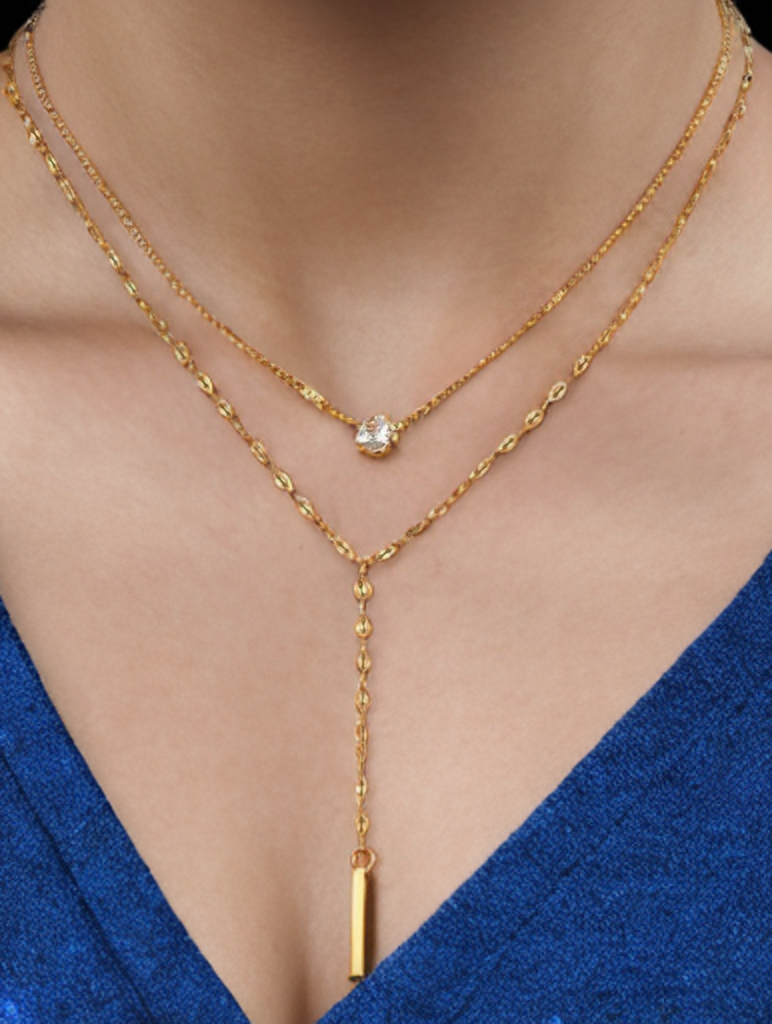 Layered Gold-Tone Y Necklace – Double Chain with Crystal & Drop Pendant