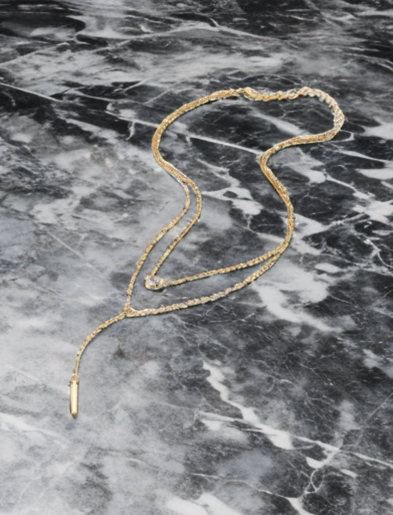 Layered Gold-Tone Y Necklace – Double Chain with Crystal & Drop Pendant